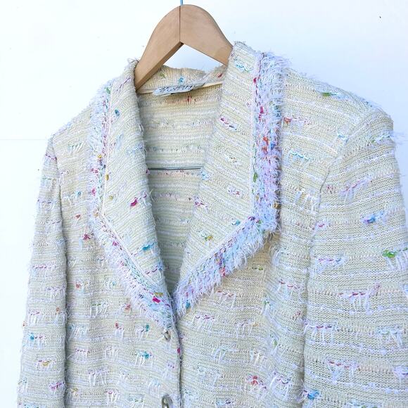 Vintage St. John Boucle Confetti Yarn Eyelash Fringe Green Tweed Knit Blazer 12 - Picture 4 of 13